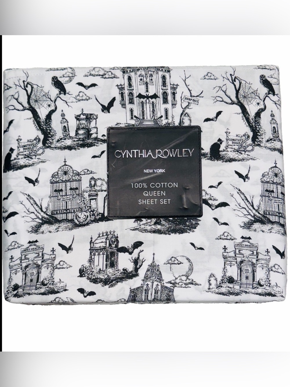 Cynthia Rowley QUEEN Size Halloween Haunted Toile Black Goth Sheet Set Cemetery